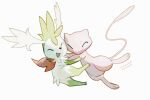  :d closed_eyes facing_viewer happy highres mew_(pokemon) mokuzou_(moku_ssbu) no_humans open_mouth pokemon pokemon_(creature) shaymin shaymin_(sky) signature simple_background smile white_background 