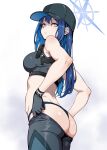  1girl absurdres ass bare_shoulders baseball_cap belt black_belt black_headwear black_pants blue_archive blue_eyes blue_panties breasts chest_harness crop_top gloves halo harness hat highres large_breasts long_hair looking_at_viewer panties pants parabi saori_(blue_archive) shirt simple_background sleeveless sleeveless_shirt solo underwear 