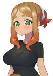  1girl absurdres black_shirt blonde_hair blush breasts closed_mouth commentary_request eyelashes green_eyes hanayon highres looking_at_viewer multicolored_hair orla_(pokemon) parted_bangs pokemon pokemon_(anime) pokemon_horizons shirt sidelocks simple_background solo t-shirt white_background 