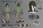  2022 3_fingers 3_toes 4_arms 4_eyes alien anthro biped black_body chart clothed clothing color_swatch colored countershading darth_biomech english_text feet fingers green_clothing green_eyes green_hair green_shirt green_topwear hair height_chart hekaht_ruhane hi_res leaving_the_cradle male model_sheet multi_arm multi_eye multi_limb prosthetic prosthetic_arm prosthetic_limb raharr shirt signature solo tail text toes topwear white_body white_countershading 