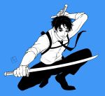  1boy artist_logo black_footwear black_necktie black_pants blue_background chainsaw_man chest_belt collared_shirt dual_wielding ear_piercing floating_neckwear greyscale_with_colored_background holding holding_sword holding_weapon katana kishibe_(chainsaw_man) kishibe_(young)_(chainsaw_man) kitunejima looking_at_viewer necktie pants piercing shirt shirt_tucked_in simple_background sleeves_rolled_up solo squatting sword weapon white_shirt 