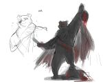  anthro bear blood blood_splatter bodily_fluids cape clothed clothing dreamworks duo english_text fan_character grin group hi_res holding_object holding_weapon knife male mammal puss_in_boots_(film) puss_in_boots_the_last_wish random_seafood red_eyes shadow sketch smile solo sparkles standing stepping text trio violence weapon 