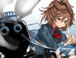  1girl aiming aiming_at_viewer blue_eyes blurry blurry_foreground breasts brown_hair closed_mouth hair_between_eyes highres kantai_collection looking_at_viewer medium_breasts pointing pointing_at_viewer ponytail rigging sheffield_(kancolle) simple_background smoke solo sunday_aki turret upper_body 