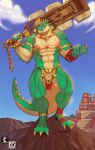  aztec bodypaint chain dinosaur gem gold_(metal) green_body green_scales hi_res jewelry macuahuitl male nipple_piercing nipples nude piercing pinup pose reptile royalty ruby_(gem) scales scalie solo_focus theropod tyrannosaurid tyrannosaurus tyrannosaurus_rex 