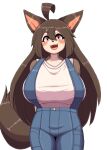  absurd_res anthro big_breasts blush breasts brown_body brown_hair brown_tail canid canine canis clothing domestic_dog female hair hi_res huge_breasts komenuka_inaho long_hair looking_at_viewer mammal mohuko_(komenuka_inaho) open_mouth smile solo suspenders tail white_body 