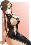  1girl alternate_costume bare_arms bare_shoulders black_dress blue_eyes border braid breasts brown_hair cleavage cleavage_cutout clothing_cutout commentary_request crown_braid dress flower hair_flower hair_ornament hair_over_one_eye hand_on_own_chest high_collar large_breasts light_blush long_hair looking_at_viewer midriff navel outside_border parted_lips rourou_ill side_slit sidelocks sitting sleeveless sleeveless_dress solo stomach_cutout swept_bangs tales_of_(series) tales_of_the_abyss tear_grants thighs white_border 