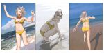  1girl absurdres antenna_hair barefoot beach bikini blue_sky breasts cleavage cloud collarbone day green_eyes highres horizon kantai_collection kinugasa_(kancolle) kinugasa_kai_ni_(kancolle) looking_at_viewer medium_breasts multiple_views navel ocean ojipon outdoors running sky squatting swimsuit triptych_(art) waves yellow_bikini 