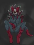  5_fingers canid canine darkin female fingers fur grey_body grey_fur hi_res league_of_legends mammal naafiri_(lol) nude red_paws riot_games solo spike_the_furry white_body white_fur 