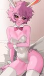 1girl absurdres animal_ears ashido_mina black_sclera boku_no_hero_academia bow bowtie breasts cleavage colored_sclera colored_skin covered_navel detached_collar fake_animal_ears highleg highleg_leotard highres horns leotard looking_at_viewer medium_breasts pink_bow pink_bowtie pink_hair pink_skin playboy_bunny rabbit_ears seiza short_hair sitting solo strapless strapless_leotard thighhighs white_thighhighs wrist_cuffs yellow_eyes yellow_horns zd_(pixiv6210083) 