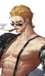  1boy abs arm_belt bad_id bad_twitter_id bara bare_pectorals blonde_hair buckle cigar concept_art cropped dontstopgoldg eyelashes facial_hair goatee hair_slicked_back highres large_pectorals long_sideburns looking_at_viewer male_focus mature_male muscular muscular_male navel nipples no_nipples orange_eyes original pectorals sideburns smoking solo stomach sunglasses suspenders thick_eyebrows upper_body v-shaped_eyebrows 