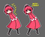  1girl alarm_siren blunt_bangs boots character_name checkered_clothes cloak closed_mouth commentary corrupted_file english_commentary full_body grey_background grey_footwear lowres menacing_(jojo) mini-sentry-chan_(fizzywattr) one-eyed original personification pixel_art red_cloak red_eyes red_hair reminaxv58 robot_girl simple_background team_fortress_2 weapon 