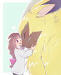  anthro bandai_namco bow_ribbon brown_hair digimon digimon_ghost_game duo embrace female fluffy fur grin hair hi_res hug human lamortmon long_hair male mammal monster runapiero00 ruri_tsukiyono sharp_teeth size_difference smile teeth yellow_body yellow_fur 