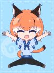  1girl animal_ears blue_background caracal_(kemono_friends) cat_ears cat_girl cat_tail extra_ears highres hikarikmy japari_symbol kemono_friends kemono_friends_v_project long_hair looking_at_viewer orange_hair pantyhose sailor_collar school_uniform shoes simple_background skirt solo tail virtual_youtuber 