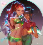  2girls akishycat aqua_wings breasts brown_eyes brown_hair dark-skinned_female dark_skin fairy fairy_wings fire green_pants green_skirt green_tube_top green_wings grey_eyes grin high_ponytail highres layla_(winx_club) long_hair looking_at_viewer magic medium_breasts multiple_girls navel panties pants parted_lips pink_shirt red_hair shirt short_hair_with_long_locks short_sleeves skirt smile sparkle_print strapless striped striped_panties t-shirt taranee_cook tube_top underwear w.i.t.c.h. water wings winx_club 