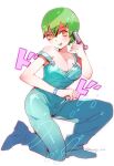  1girl blue_overalls breasts cleavage finger_gun foo_fighters green_hair green_lips hatoyama_itsuru jojo_no_kimyou_na_bouken licking_lips no_bra off_shoulder on_one_knee overalls short_hair stone_ocean tongue tongue_out yellow_eyes 