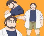  1boy affectionate bara beard belly bespectacled birch_(pokemon) brown_hair collage covered_navel expressions face_to_pecs facial_hair full_body glasses green_shorts headpat highres jinnta4014 labcoat male_focus mature_male pectorals plump pokemon pokemon_(game) pokemon_adventures short_hair shorts smile sparkle thick_eyebrows upper_body 