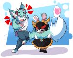  &lt;3 2023 anthro bite black_hair blue_body blue_eyes blue_fur bottomwear canid canine chibi clothing denim denim_clothing digital_media_(artwork) duo eyebrows eyes_closed female footwear fox fur hair hi_res jeans kanya_(mario_plus_rabbids) lagomorph lolzneo male mammal on_one_leg open_mouth pants pawpads rabbid raving_rabbids rayman_(series) ribbons roflfox sharp_teeth shirt shoes speech_bubble standing surprise tail tail_bite tail_in_mouth teeth tongue topwear ubisoft white_eyes 