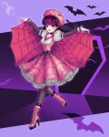  1girl absurdres bat_(animal) black_hair boots cape draculaura dress dukkoart full_body hat high_heel_boots high_heels highres long_hair looking_at_viewer monster_high multicolored_hair pink_dress pink_footwear pink_hair pointy_ears puffy_sleeves purple_eyes red_cape solo two-tone_hair 