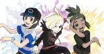  3boys :d abe_(kumayu) ahoge baseball_cap black_headwear black_pants black_shirt blonde_hair bracelet commentary_request dark-skinned_male dark_skin elio_(pokemon) gladion_(pokemon) green_hair grey_eyes hat hau_(pokemon) highres hood hooded_vest hoodie jewelry male_focus medium_hair multiple_boys open_mouth pants pokemon pokemon_sm shirt short_hair short_ponytail short_sleeves smile striped striped_shirt t-shirt tassel teeth tongue torn_clothes torn_shirt upper_teeth_only vest z-move_trainer_pose z-ring 