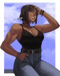  1girl avatar_legends belt biceps black_nails blue_eyes bracelet breasts brown_eyes brown_lips camisole choker cleavage dark-skinned_female dark_skin denim fingernails grin gud0c hand_in_pocket high-waist_pants highres jeans jewelry korra lace_trim looking_at_viewer medium_breasts muscular muscular_female nail_polish nose one_eye_closed pants pendant_choker ribbon_choker short_hair sitting smile solo the_legend_of_korra veins 