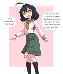  black_hair borvar futanari green_skirt highres hiiragi_utena mahou_shoujo_ni_akogarete school_uniform skirt speech_bubble yellow_eyes 