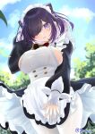  1girl absurdres apron azur_lane bell blush breasts buttons clothes_lift commentary_request day double-breasted dress dress_lift dress_tug embarrassed frilled_apron frills from_below hand_up highres hip_focus jervis_(azur_lane) large_breasts long_sleeves looking_at_viewer looking_down maid_headdress medium_hair nail_polish neck_bell open_mouth outdoors pantyhose partial_commentary pink_nails purple_eyes purple_hair sideboob solo surprised thighs tsuri_pi upskirt waist_apron white_apron wind wind_lift 