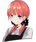  &gt;:) 1girl absurdres apron black_apron blue_eyes blunt_bangs blush casual close-up closed_mouth commentary_request go-toubun_no_hanayome grey_shirt highres lips looking_afar low_twintails mame1645 medium_hair nakano_nino red_hair shirt simple_background smile solo straight_hair twintails upturned_eyes v-shaped_eyebrows white_background 