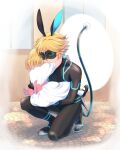  1boy 1girl adrien_agreste alternate_costume animal_ears black_bodysuit blonde_hair bodysuit carrying chat_noir child dress green_eyes mask miraculous_ladybug multiple_tails rabbit_ears superhero tail tomm0515 white_dress 