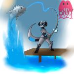  1:1 2021 absurd_res anthro black_body black_horn black_tail blue_body blue_eyes blue_tail fish fishing fishing_line fishing_rod genitals grey_body grey_tail hi_res horn kobold marine nude pussy signature solo succubusbnny tail warforged water 