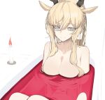  1girl alcohol animal_ears arknights bathing bathtub blonde_hair blue_eyes breasts candle cleavage closed_mouth collarbone commentary_request completely_nude deer_antlers deer_ears deer_girl fire flame hair_between_eyes highres knees_up large_breasts long_hair looking_away looking_down nude partially_submerged ponytail sidelocks signal_1120 simple_background sitting smile solo viviana_(arknights) white_background wine 