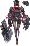  1girl axe breasts chainsaw cigarette constance_(iron_saga) cyborg floating_skull full_body hat holding holding_axe holding_chainsaw holding_cigarette iron_saga long_hair mechanical_arms mole mole_under_mouth official_art pantyhose red_eyes red_hair simple_background thighhighs 