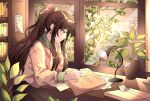  0yuri_ne 1girl brown_eyes brown_hair desk_lamp earrings highres holding holding_pencil jewelry lamp library long_sleeves original pencil plant potted_plant studying 
