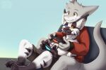  anthro between_legs blue_eyes bottomwear brown_bottomwear brown_clothing brown_pants cheek_tuft clothing controller duo facial_tuft fur gaming grey_body grey_fur head_tuft heterochromia holding_controller holding_object kuttoyaki male orange_eyes pants playing_videogame red_clothing red_topwear signature simple_background smile striped_legs topwear tuft unusual_eyes white_body white_fur 