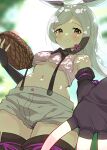  1girl aardvark_(kemono_friends) absurdres animal_ears basket beckoning black_bow black_bowtie blurry blurry_background bow bowtie breasts brown_hair buttons collared_shirt cowboy_shot cropped_shirt dappled_sunlight day elbow_gloves extra_ears fingerless_gloves foreshortening from_below gakukuru gloves grey_hair grey_shorts grin hair_ornament hairclip hand_up highres holding holding_basket kemono_friends kemono_friends_3 light_blush long_hair looking_at_viewer midriff multicolored_hair navel no_bra outdoors outstretched_arm outstretched_hand panties panty_peek parted_bangs pink_shirt red_eyes shirt short_shorts shorts sleeveless sleeveless_shirt small_breasts smile solo spread_fingers stomach sunlight suspenders thighhighs two-tone_hair underboob underwear upshorts wing_collar 