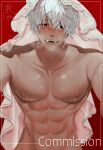  1boy absurdres black_eyes blush breasts bridal_veil cisforchildecm commission half-closed_eyes highres looking_at_viewer male_focus mature_male mole mole_under_eye multiple_moles nipples nude open_mouth original short_hair solo sweat torogao veil white_hair 
