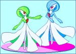  2girls alternate_color arm_up blue_background blue_border blue_hair blue_skin bob_cut border colored_skin commentary_request flat_chest full_body gardevoir green_hair green_skin hair_over_one_eye looking_at_viewer multicolored_skin multiple_girls one_eye_covered outstretched_arm partial_commentary pianissim pixel_art pokemon pokemon_(creature) red_eyes shiny_pokemon short_hair simple_background standing two-tone_skin white_skin 