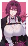  1girl absurdres black_shorts border breasts cleavage collared_shirt commentary eyewear_on_head fellatio_gesture gloves heart highres honkai:_star_rail honkai_(series) jewelry kafka_(honkai:_star_rail) kanta_(kanta_077) large_breasts long_hair long_sleeves looking_at_viewer multiple_rings open_mouth pantyhose pink_background purple_eyes purple_gloves purple_hair ring shirt shirt_tucked_in shorts simple_background solo sunglasses tongue tongue_out white_border white_shirt 