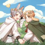  2boys albino animal_ears axis_powers_hetalia blonde_hair blue_sky cape flower flower_wreath gilbird grass grasslands green_cape green_eyes hair_flower hair_ornament highres holding_hands male_focus multiple_boys prussia_(hetalia) rabbit_boy rabbit_ears red_eyes sky smile united_kingdom_(hetalia) wangsususu001 white_cape white_hair 