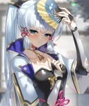  1girl armor blue_eyes blue_hair blurry blurry_background breasts cleavage closed_mouth collarbone commentary_request genshin_impact hand_fan holding holding_fan kamisato_ayaka long_hair long_sleeves looking_at_viewer medium_breasts neck_tassel plate_armor ponytail scottie_(phantom2) solo sweat upper_body 