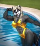  2023 5_fingers abs absurd_res anthro athletic athletic_anthro athletic_female badger biceps black_body black_fur black_nose blonde_hair breasts cleavage clothed clothing digital_media_(artwork) female fingers fur hair hi_res humanoid_hands liz_(mykegreywolf) looking_at_viewer mammal multicolored_body multicolored_fur muscular muscular_anthro muscular_female mustelid musteline mykegreywolf navel one-piece_swimsuit purple_eyes smile solo swimming_pool swimwear water white_body white_fur 