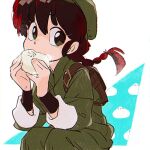  1girl apple-boy backpack bag brown_bag dumpling eating food green_eyes green_headwear green_pants hair_between_eyes invisible_chair pants ranma-chan ranma_1/2 red_hair sitting solo triangle 