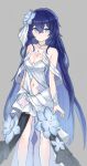  1girl bare_shoulders blue_eyes blue_flower blue_hair breasts character_request closed_mouth clothing_cutout collarbone commentary dress feet_out_of_frame flower grey_background hair_between_eyes hair_flower hair_ornament highres honkai_(series) honkai_impact_3rd jambujok long_hair looking_at_viewer navel navel_cutout simple_background small_breasts smile solo standing strapless strapless_dress very_long_hair white_dress 