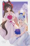  2girls alternate_costume animal_ears black_hair blue_eyes blue_hair blush bow breasts bridal_veil cleavage cloud commentary_request daiichi_ruby_(umamusume) dress flower hair_bow hair_flower hair_ornament highres holding holding_flower horse_ears horse_girl jewelry k.s.miracle_(umamusume) multiple_girls necklace red_eyes saramiao-chan short_hair sky small_breasts translation_request umamusume veil wedding_dress 