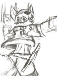  3:4 anthro armor belt clothed clothing gun headgear helmet hi_res holding_gun holding_object holding_weapon kuttoyaki male monochrome ranged_weapon simple_background sketch solo topwear visor weapon 