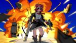  1girl absurdres arknights bayonet blue_sky boots car debris dual_wielding explosion fiammetta_(arknights) gil_falasson gun handgun highres holding motor_vehicle necktie red_hair red_necktie sky sunglasses walking_away weapon 