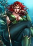  1girl aquaman_(series) artist_name ass blue_eyes bracer breasts collarbone crossed_legs dandon_fuga dc_comics fingernails headpiece hexagon_print highres long_hair looking_at_viewer mera_(dc) polearm red_hair solo superhero thighs trident two-tone_bodysuit underwater weapon 