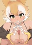  1girl animal_ears black_jacket blonde_hair breasts breasts_squeezed_together coyote_(kemono_friends) extra_ears gloves grabbing_own_breast hetero highres illu_(illu_stratos) jacket kemono_friends kemono_friends_v_project large_breasts looking_at_viewer multicolored_hair neck_ribbon nipples paizuri penis ribbon short_hair smile tail virtual_youtuber wolf_ears yellow_eyes 