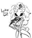  &lt;3 2023 2_horns anthro biped breasts bunkin candy candy_cane clothed clothing dessert dialogue english_text eyebrows female fluffy fluffy_hair food front_view hair horn lollipop long_hair looking_at_viewer monochrome monster short_tail simple_background sketch skull_accessory solo soulcentinel standing tail talking_to_viewer text 