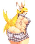  anthro blonde_hair breasts butt canid canine chelostracks clothed clothing female hair kemono long_hair looking_back looking_down mammal meme meme_clothing meribeth raised_tail sharp_teeth smile solo standing sweater tail teeth thick_thighs topwear virgin_killer_sweater 