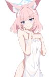  1girl absurdres animal_ears blue_archive blue_eyes blunt_bangs blush closed_mouth collarbone commentary halo highres kamitosayu looking_at_viewer naked_towel niko_(blue_archive) pink_hair simple_background solo sweat towel wet white_background 